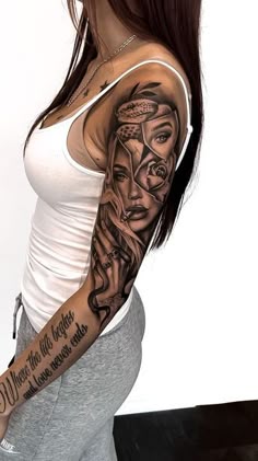 Realistic rose, snake and quotes tattoo design for women on arm and full sleeve tattoo ideas