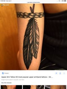 Black and grey feather armband tattoo design for men and women on upper arm tattoo ideas