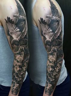 Realistic eagle and angel full sleeve tattoo design for men and women tattoo ideas