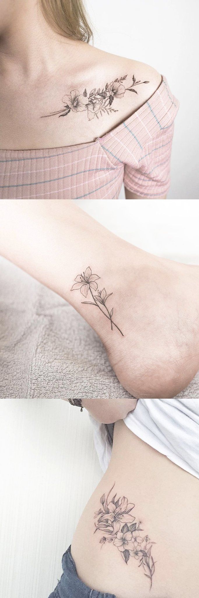 Fine line floral tattoos for women on shoulder, ankle and hip tattoo ideas