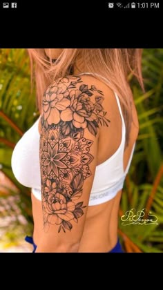 Black and grey floral mandala tattoo design for women on half sleeve tattoo ideas