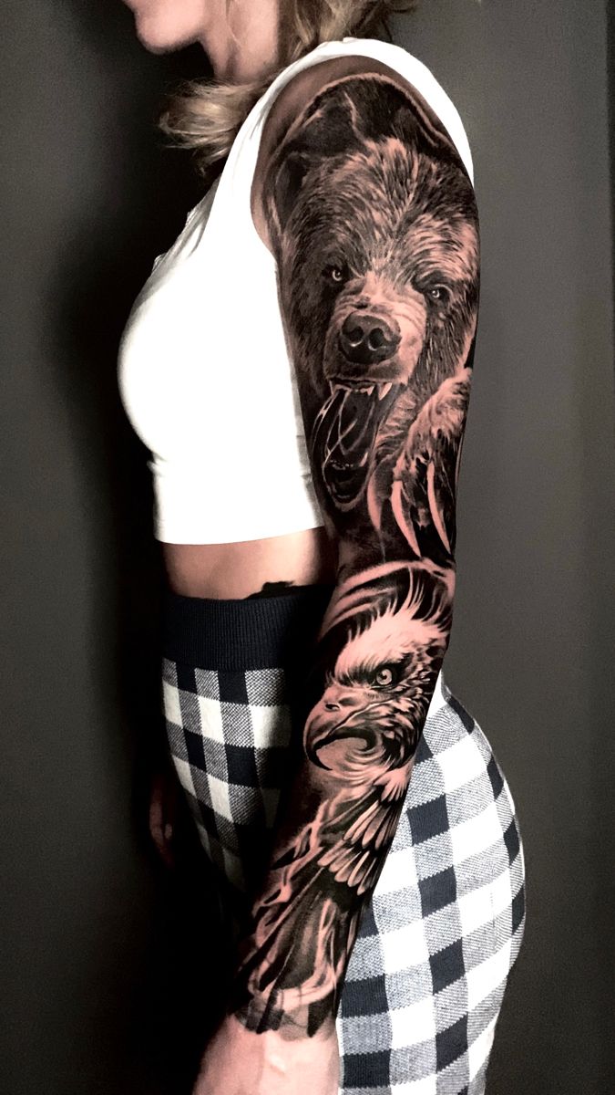 Realistic bear and eagle full sleeve tattoo design for women tattoo ideas