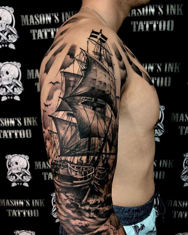 Realistic realism ship and clouds tattoo design for men on half sleeve tattoo ideas