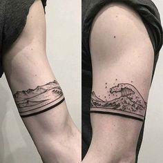 Linework mountain and ocean wave tattoo design for men on arm band tattoo ideas