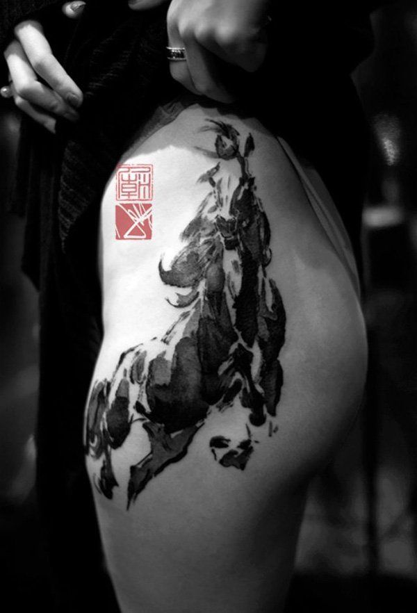 Ink wash horse tattoo design for women on hip tattoo ideas