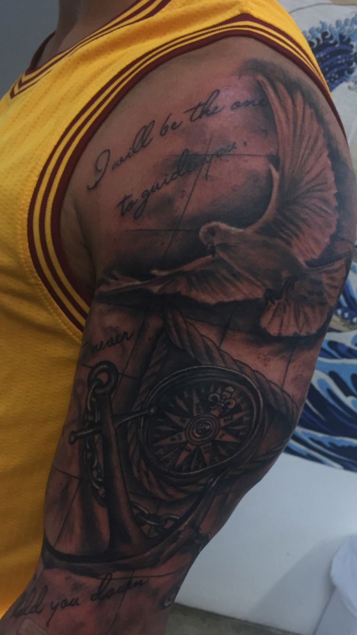 Realistic dove, compass and anchor tattoo design for men on arm tattoo ideas