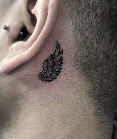Blackwork wing tattoo design for men, women behind the ear tattoo ideas