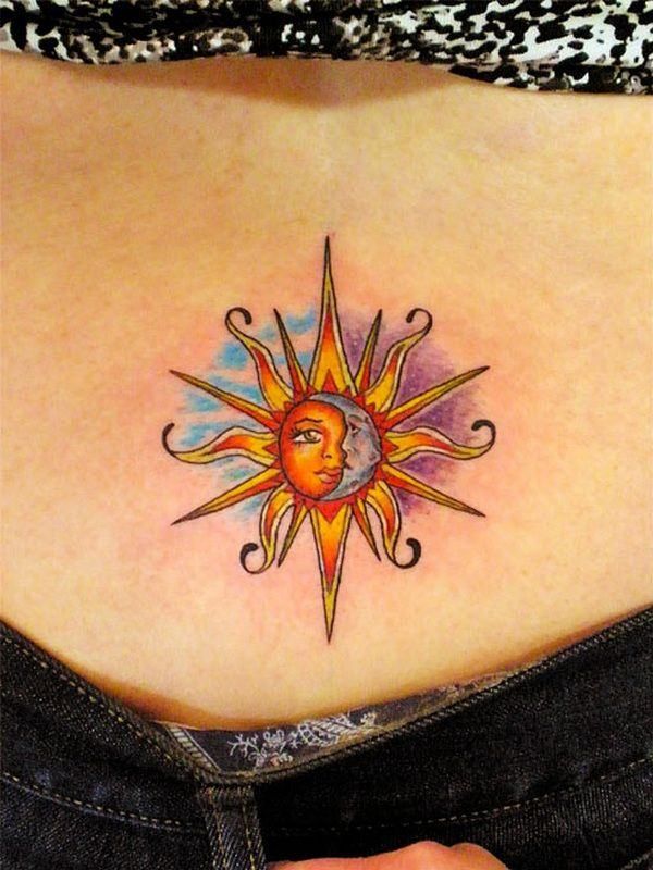 Sun and moon tattoo design for women on hip tattoo ideas