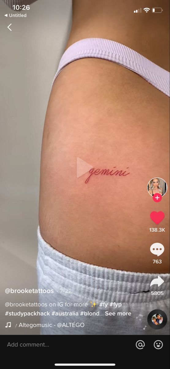 Script Gemini tattoo design for women on hip tattoo ideas