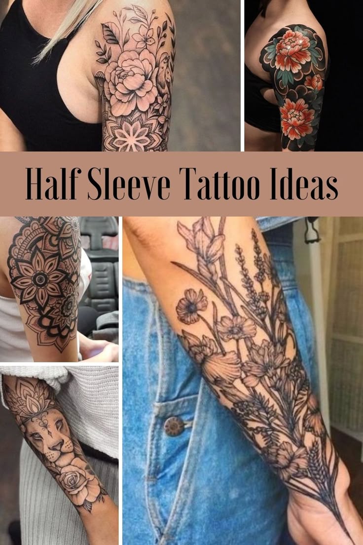Fine Line floral and lion tattoo design for women on half sleeve and forearm tattoo ideas