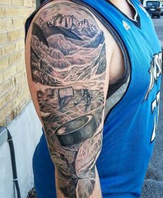 Realistic mountain and hockey tattoo design for men on half sleeve tattoo ideas