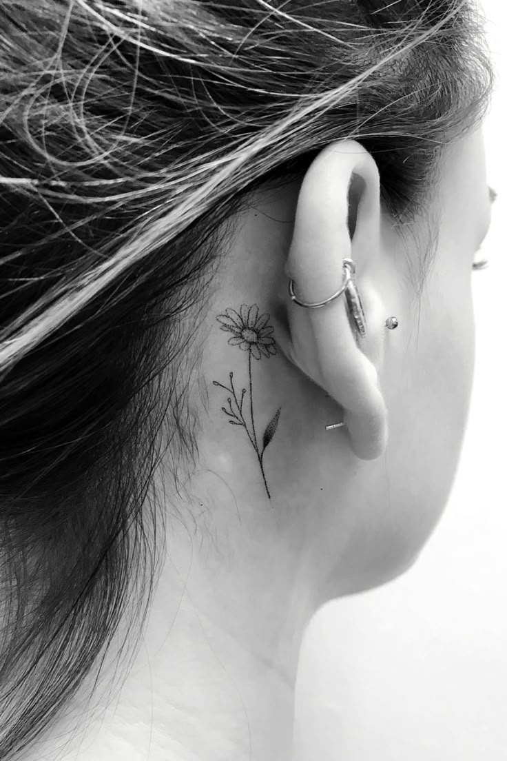 Fine line flower tattoo design for women behind the ear tattoo ideas