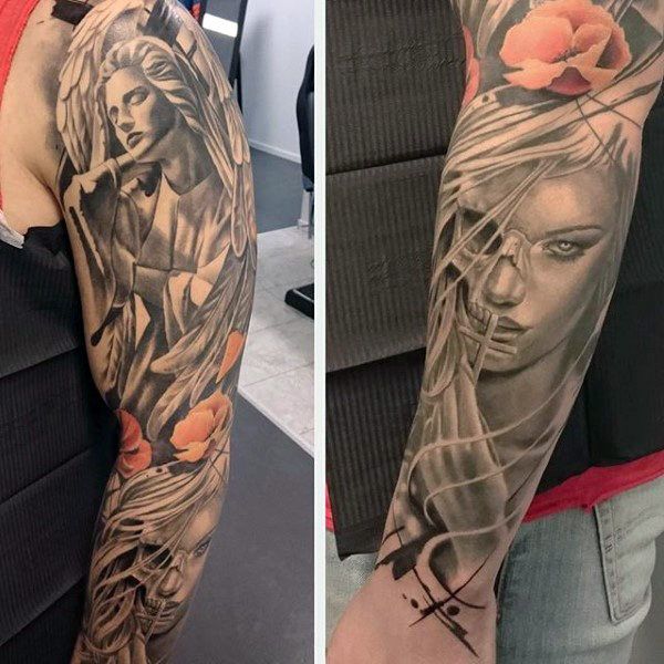 Realistic angel and flower tattoo design for women on arm, full sleeve tattoo ideas