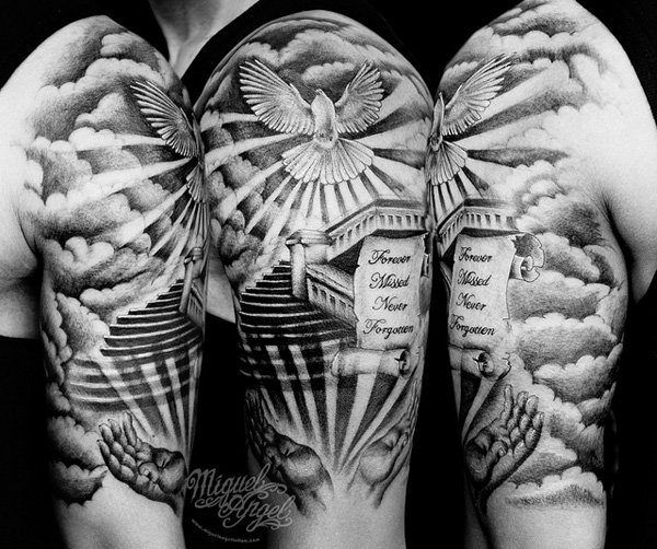 Realistic angel and quotes tattoo design for men and women on arm and half sleeve tattoo ideas