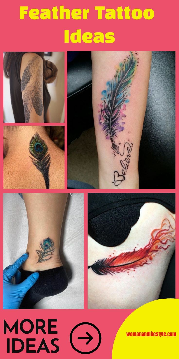 Feather tattoo design for women and men with watercolor style tattoo ideas