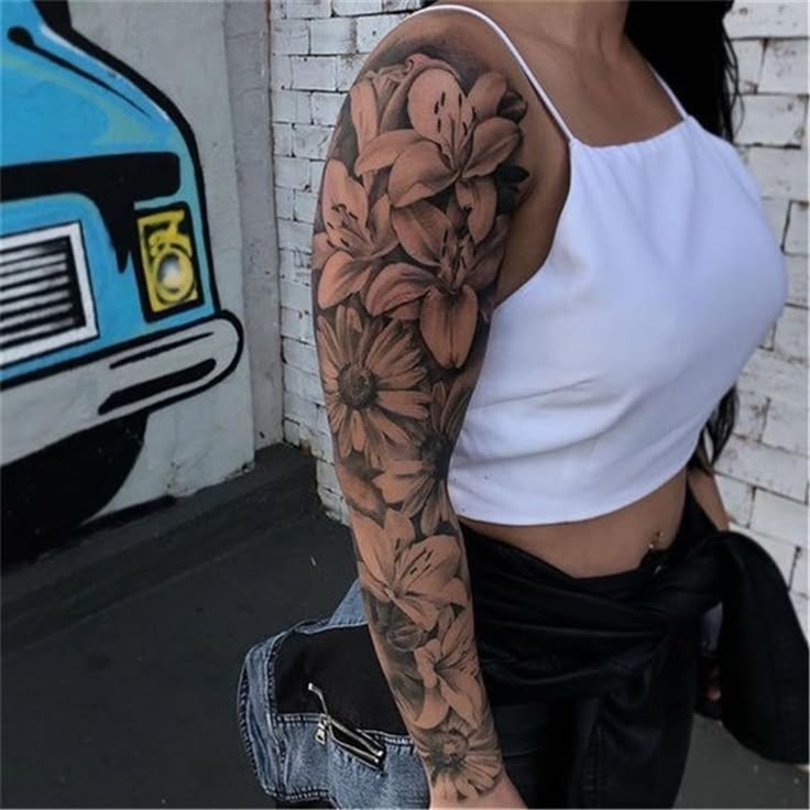 Realistic floral tattoo design for women on full sleeve tattoo ideas