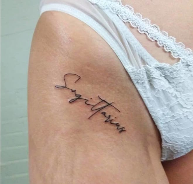 Sagittarius script tattoo design for women on hip tattoo ideas