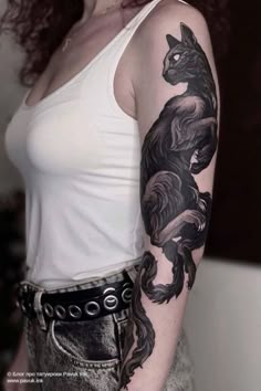 Realistic black cat tattoo design for women on arm, half sleeve tattoo ideas