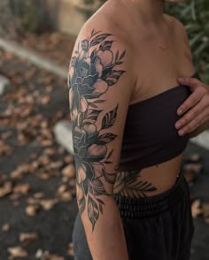 Black and grey flower floral tattoo design for women on half sleeve tattoo ideas