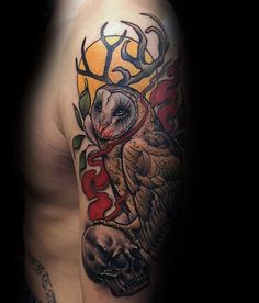New school owl with skull tattoo design for men with antlers tattoo ideas
