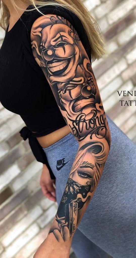 Black and Grey clown, heart, and quote tattoo design for women full sleeve tattoo ideas