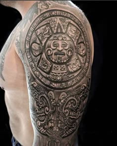 Realistic Aztec tattoo design for man on arm, half sleeve tattoo ideas