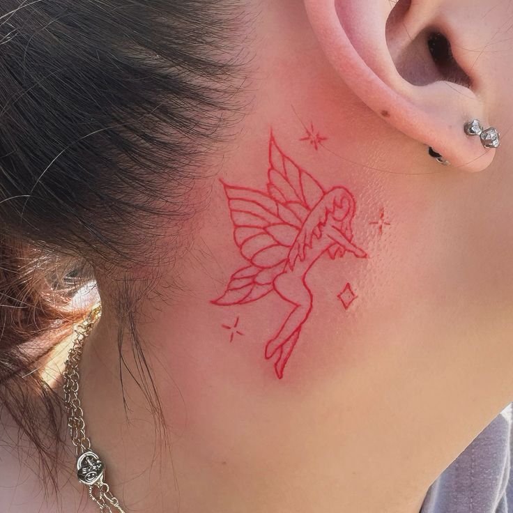 Fairy linework tattoo design for women behind the ear tattoo ideas
