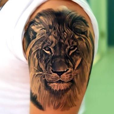 Realistic lion tattoo design for men on upper arm tattoo ideas