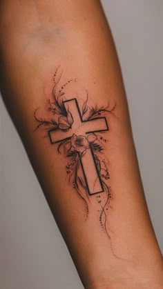 Fine Line cross and floral tattoo design for women on forearm tattoo ideas