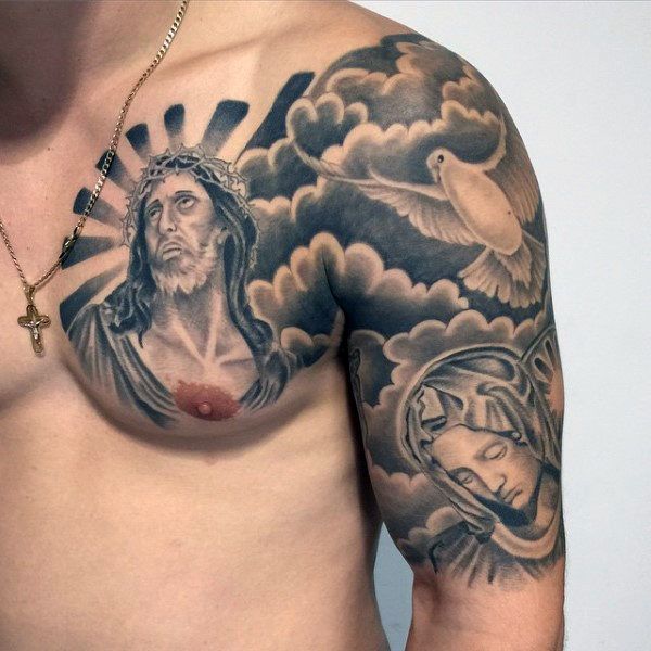 Realistic Jesus, dove, and religious tattoo design for men on chest and arm tattoo ideas