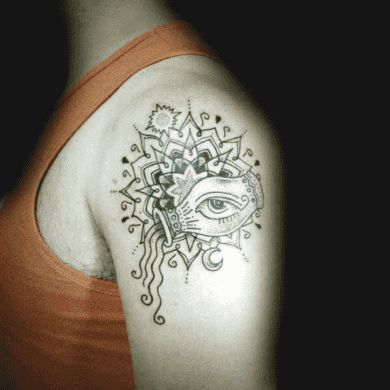 Blackwork all seeing eye with celestial symbols tattoo design for women on shoulder tattoo ideas