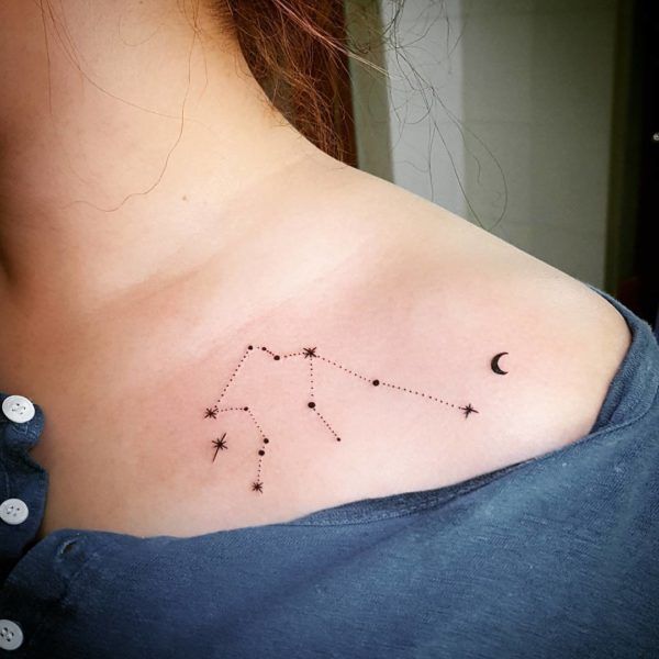 Fine Line Aquarius, moon and star tattoo design for women on chest tattoo ideas