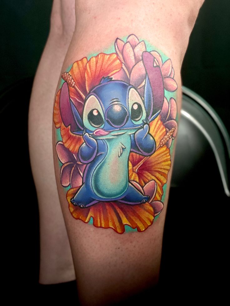 New School Stitch and floral tattoo design for women on leg tattoo ideas