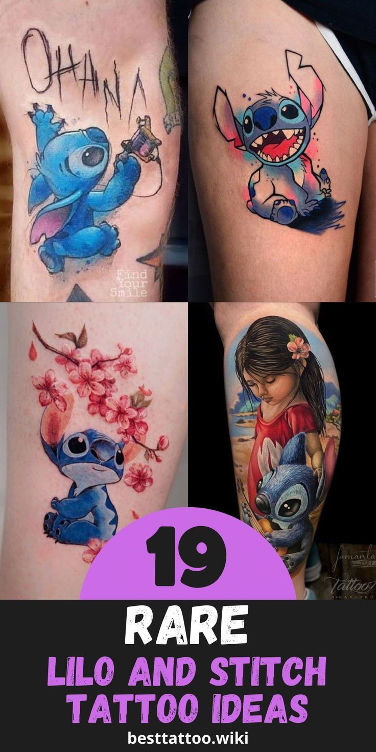 A realistic Stitch and floral tattoo design for women on thigh tattoo ideas
