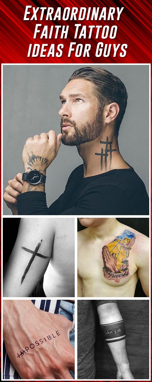 Minimalist cross, quotes, and dove tattoo design for men on neck, arm, hand, and chest tattoo ideas