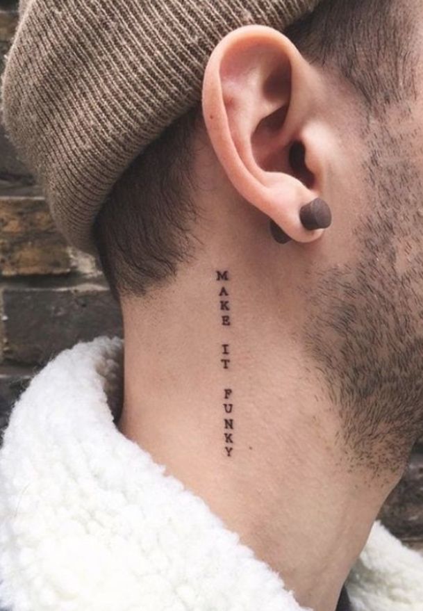 Minimalist fine line quote tattoo design for men on neck tattoo ideas