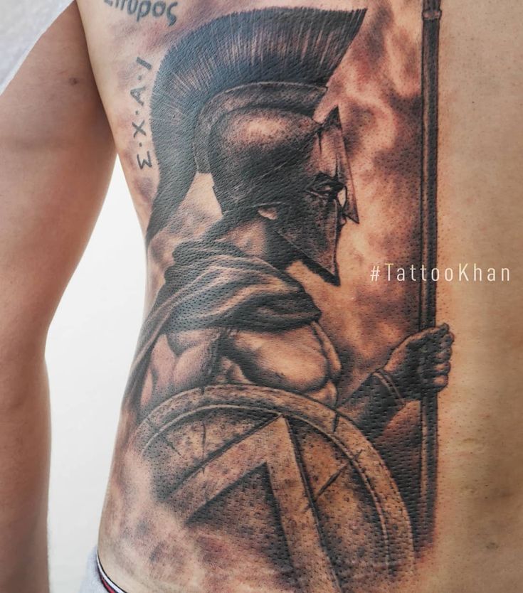 Realistic Spartan warrior tattoo design for men on back tattoo ideas