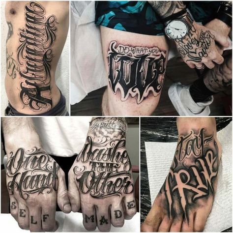 Script word tattoo design for men on rib, thigh, hand, and foot tattoo ideas