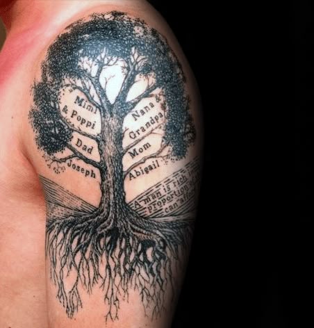 A realistic tree and quote tattoo design for men and women on the shoulder and arm tattoo ideas