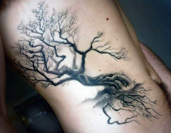 Blackwork tree tattoo design for men on rib tattoo ideas