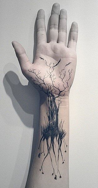 Sketch tree and bird tattoo design for women and men on hand and forearm tattoo ideas