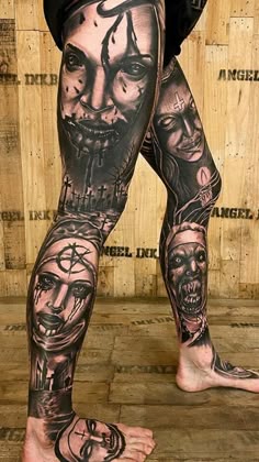 Horror realism leg and foot tattoo design for men with cross element tattoo ideas