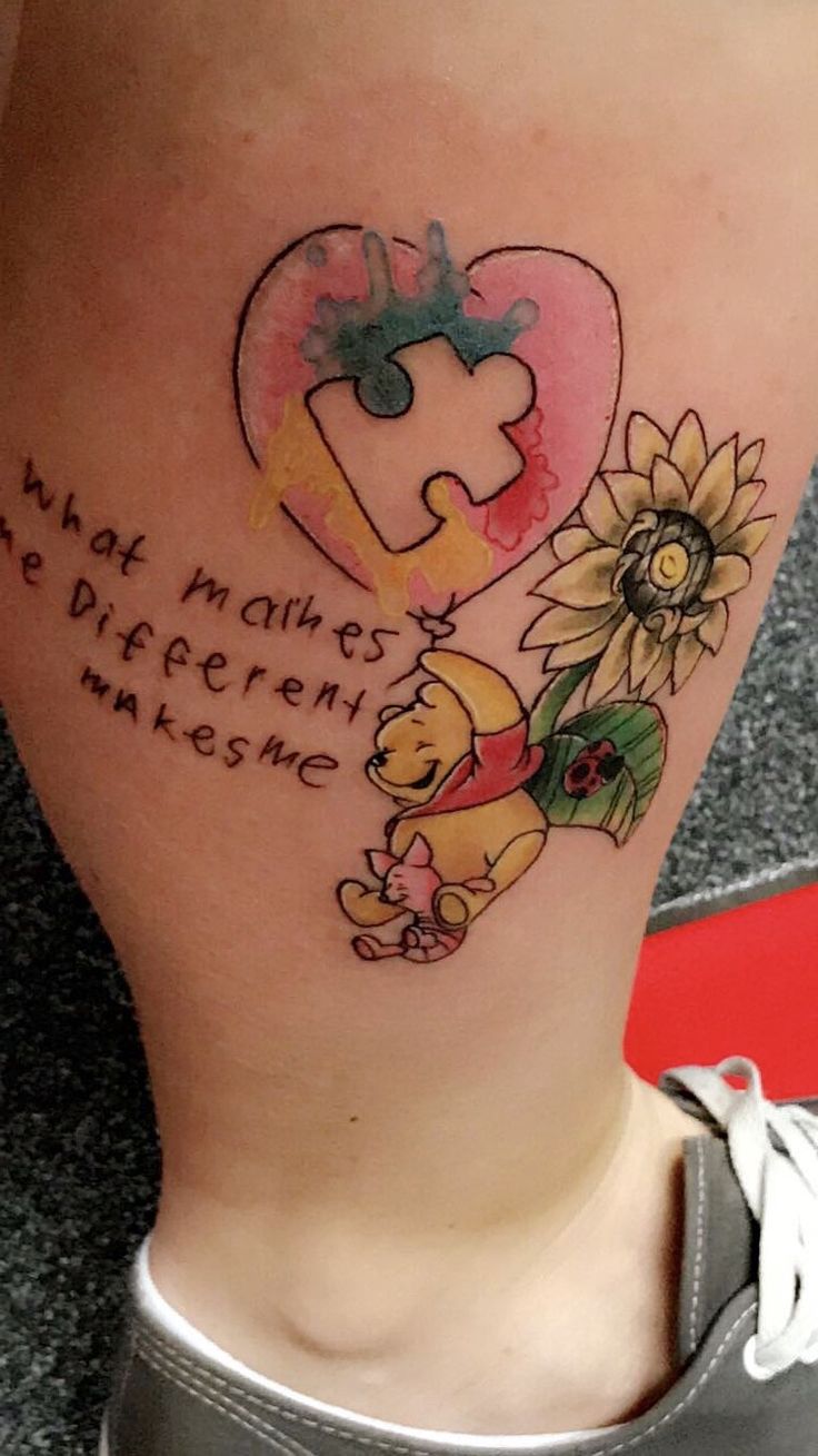 Sketch autism heart and flower tattoo design for women on leg tattoo ideas