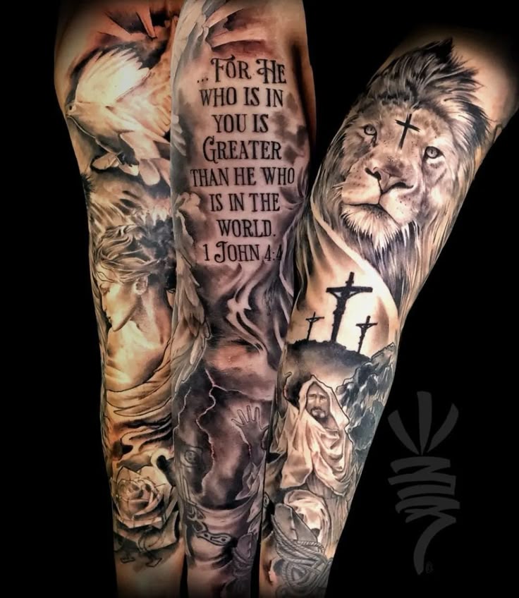 Realistic Jesus, cross, lion, dove, and rose tattoo design with religious quote for men and women on full sleeve tattoo ideas