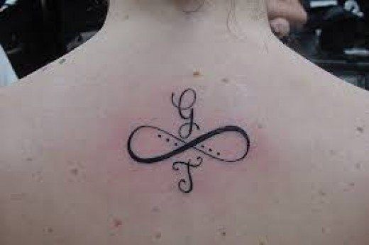 Infinity and initial tattoo design for women with fine line style on back tattoo ideas