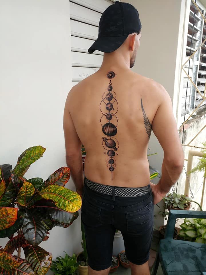 Geometric space, sun, and moon tattoo design for men on back tattoo ideas
