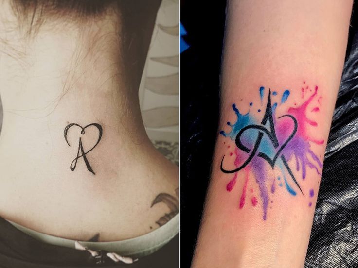 Minimalist heart and initial tattoo design for women on neck, watercolor tattoo design for women on forearm tattoo ideas