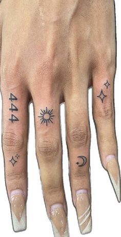 Fine Line 444, Sun, Moon, and Star tattoo design for women on hand and finger tattoo ideas