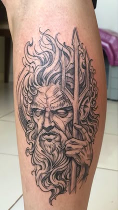 Realistic Greek god tattoo design for men on thigh tattoo ideas