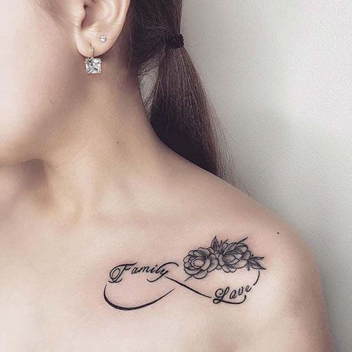 Fine line infinity symbol with flowers and the words Family and Love tattoo design for women on shoulder and chest tattoo ideas